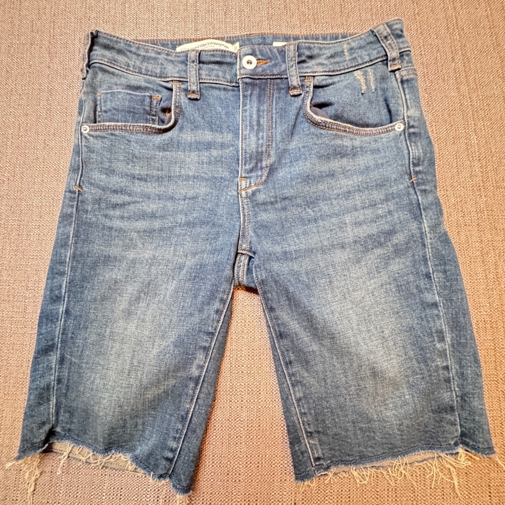 Pilcro Anthropologie High Rise Slim Denim Shorts Medium Wash Blue 27 Raw Hem